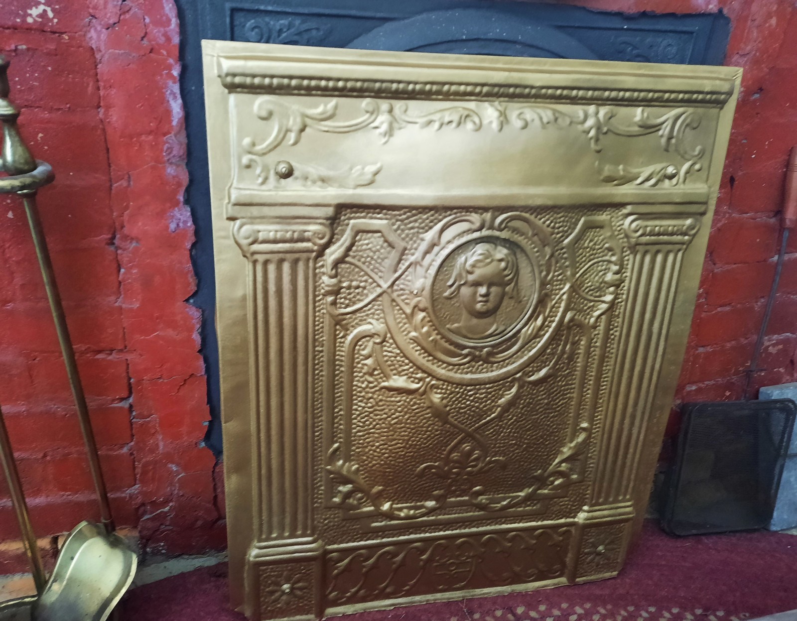 Antique Victorian Tin Fireplace Cover. Ornate with Cherub and Access Panel