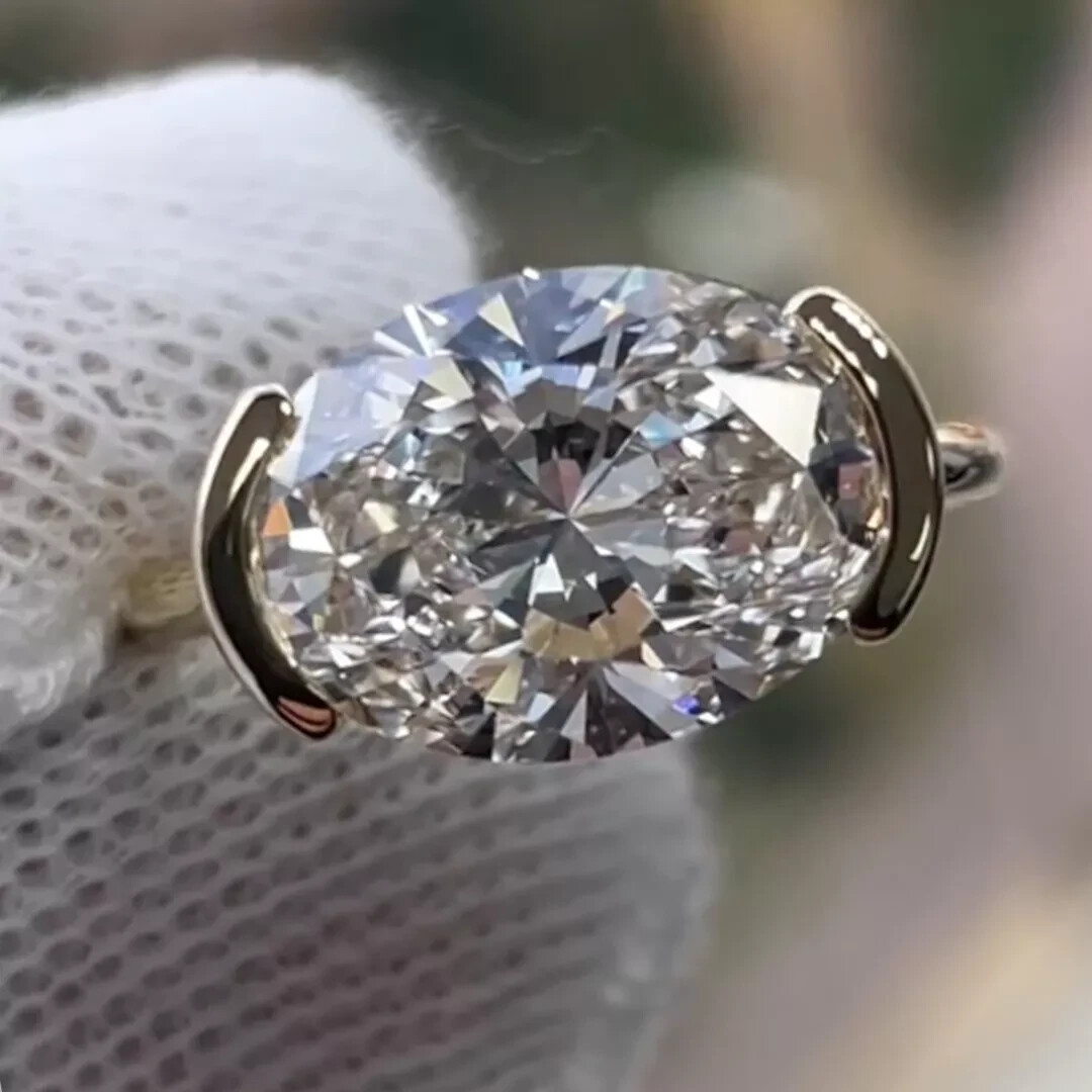 3.88 Ct Oval Moissanite Bezel East West Engagement Ring 14k White Gold Plated
