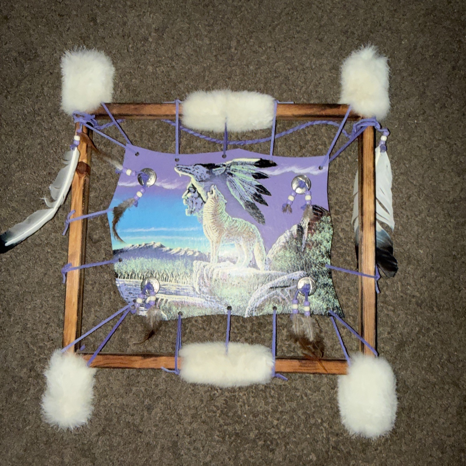 Native American Mandella Painting on Hide w/Log Frame Artist Signed Fur, Feather Native American Mandella Painting on Hide w/Log Frame Artist Signed Fur, Feather