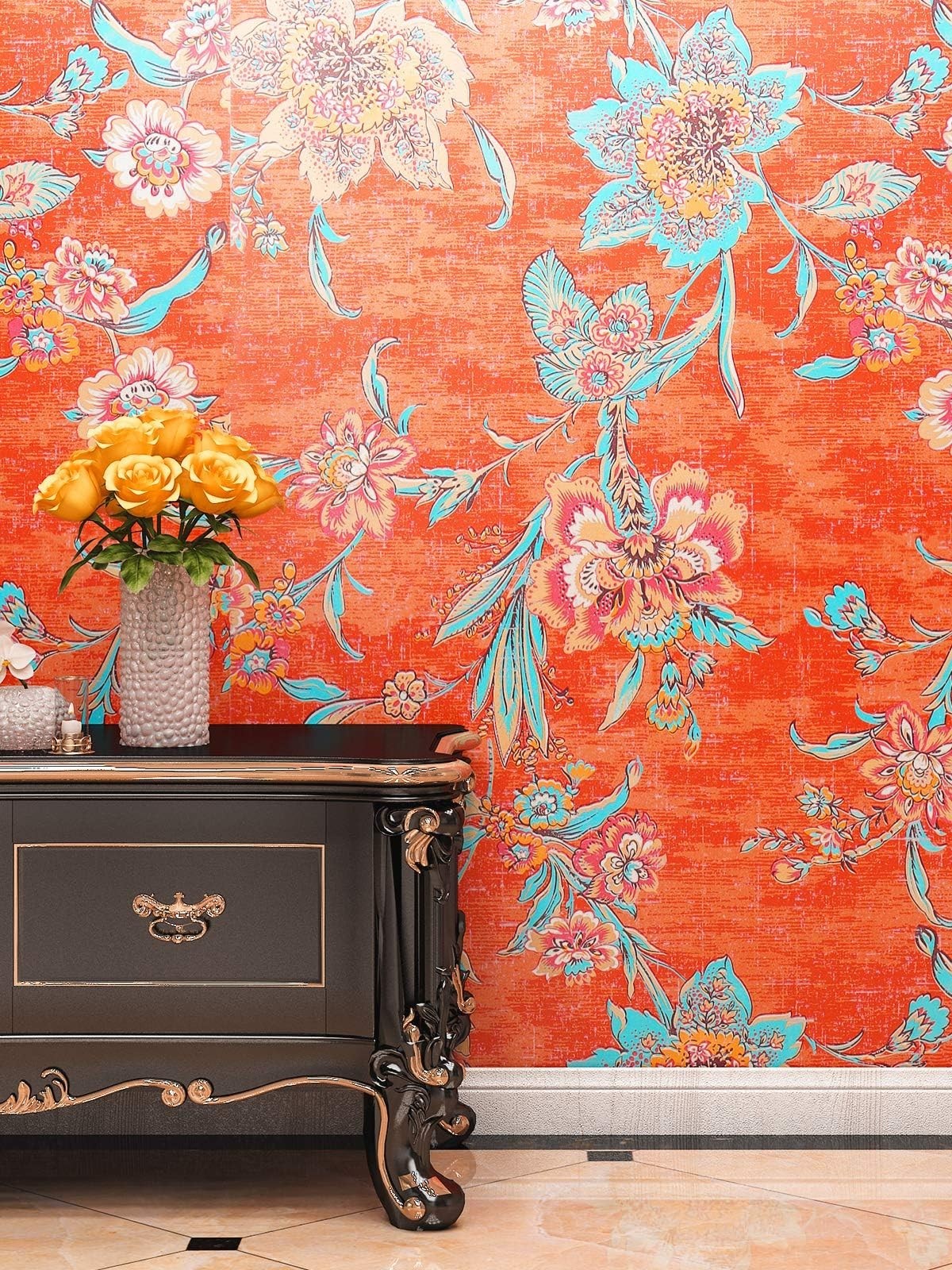 FunStick 17.5x354 Floral Wallpaper Peel And Stick Vintage Burnt Orange FunStick 17.5x354 Floral Wallpaper Peel And Stick Vintage Burnt Orange