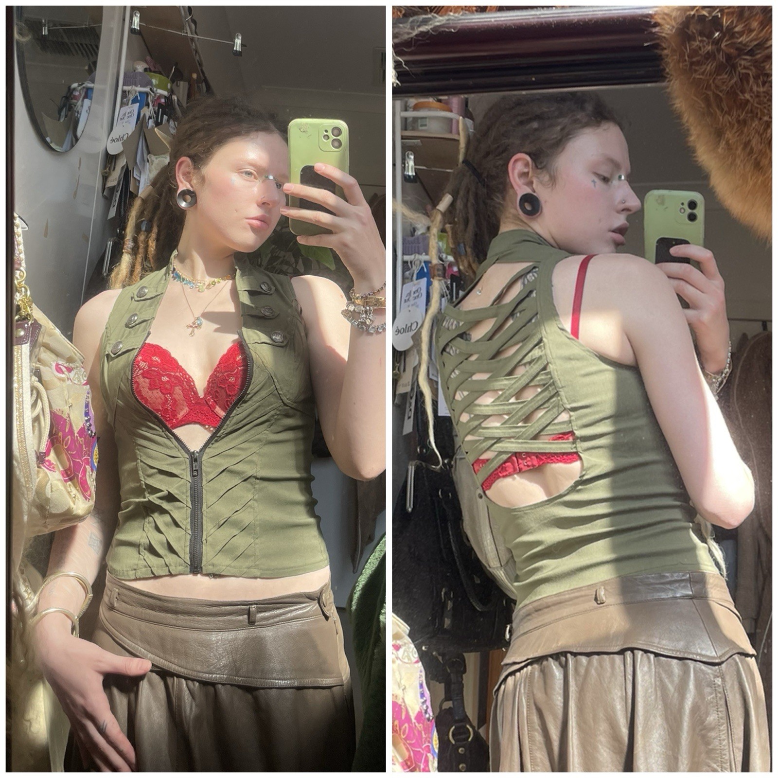 VINTAGE 2000s ICE Khaki Military Steampunk Backless Vest Doof Festival Y2K 6-10