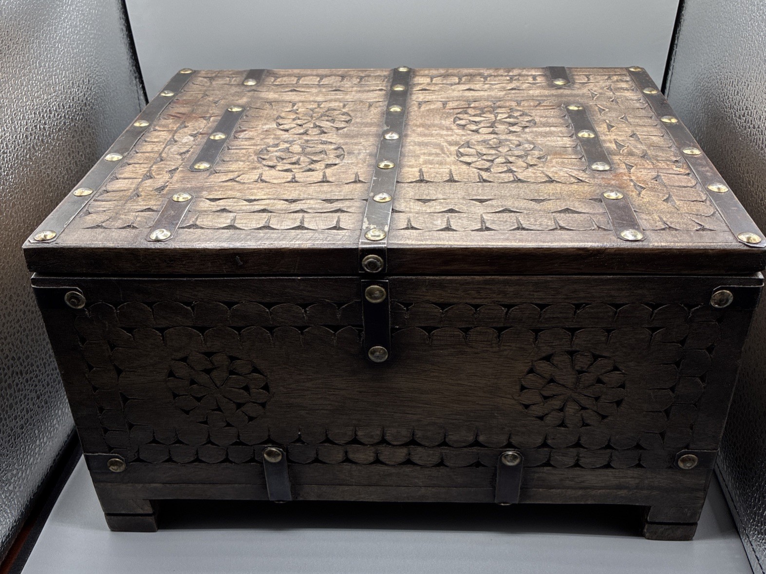 Rustic Hand Carved Wood Treasure Chest Trunk Rosette Decorative Storage Box