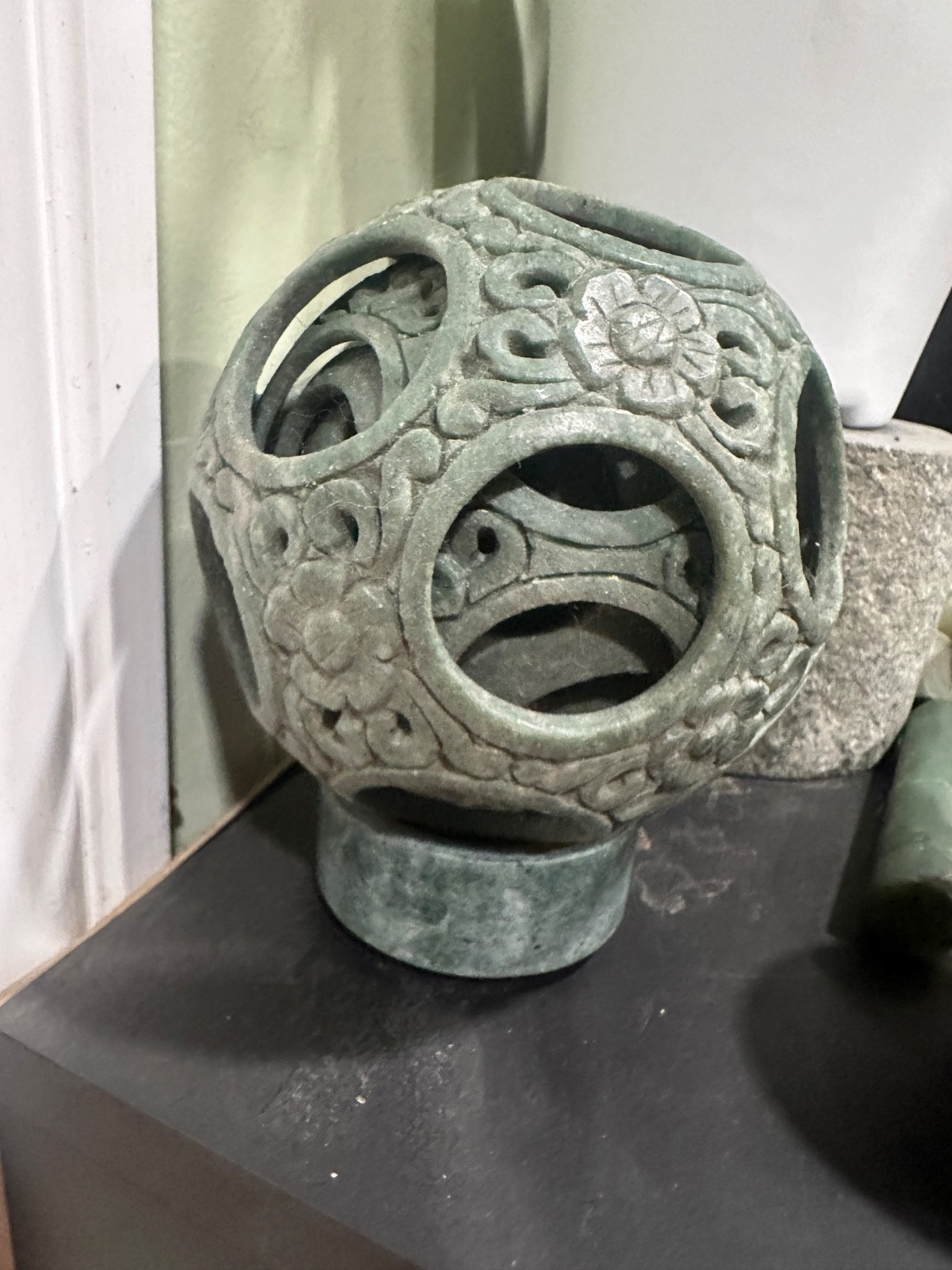 Vintage Chinese Carved Green Stone Puzzle Ball Floral 5\ Vintage Chinese Carved Green Stone Puzzle Ball Floral 5\