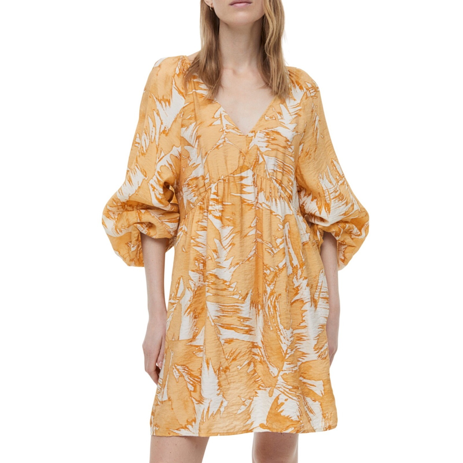 H&M Mini Dress Yellow White Pattern Balloon Sleeve V Neck Women\'s Size Small NWT
