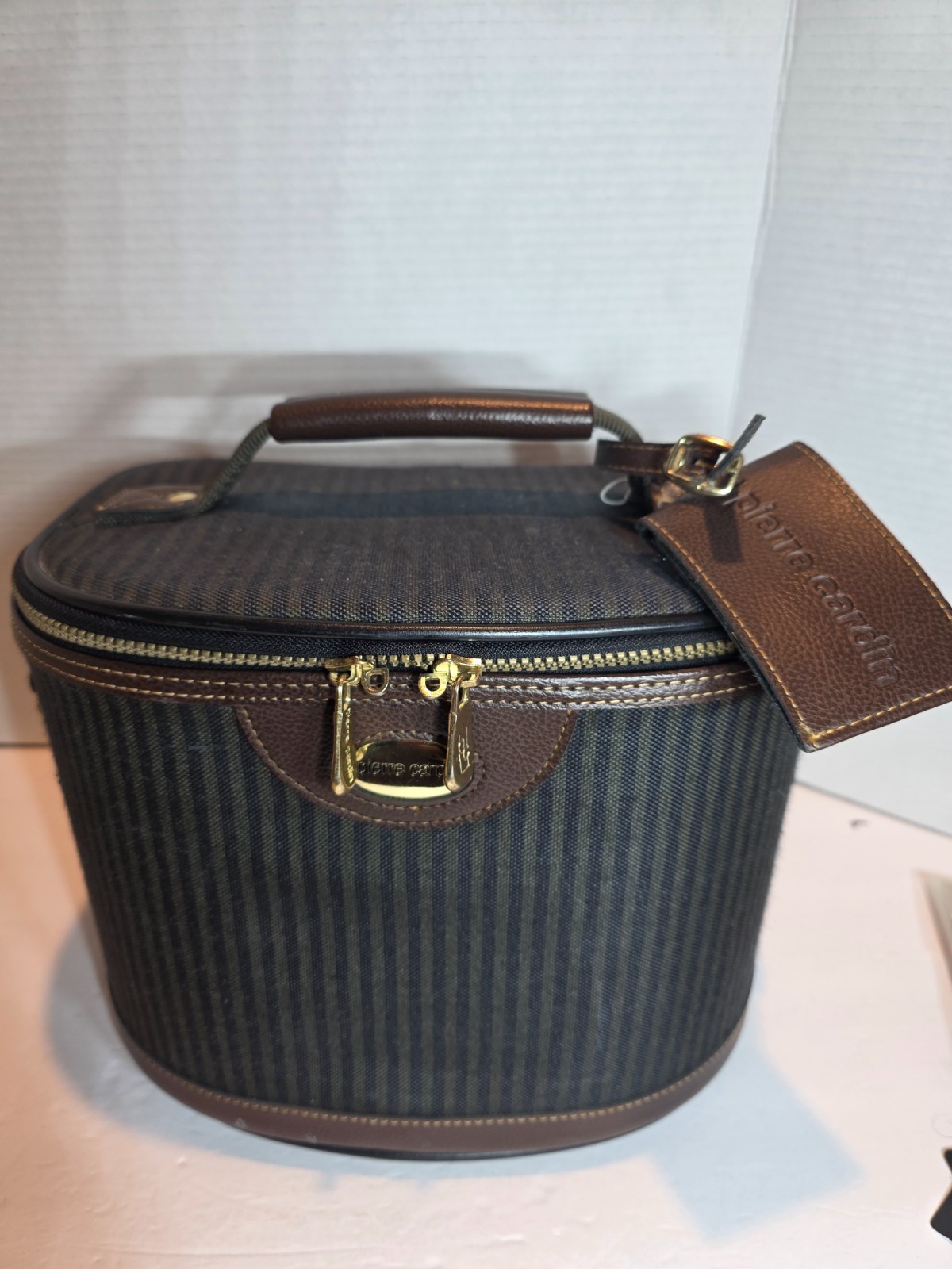 Vintage Pierre Cardin Travel Striped Canvas Faux-Leather Vanity/Makeup Case