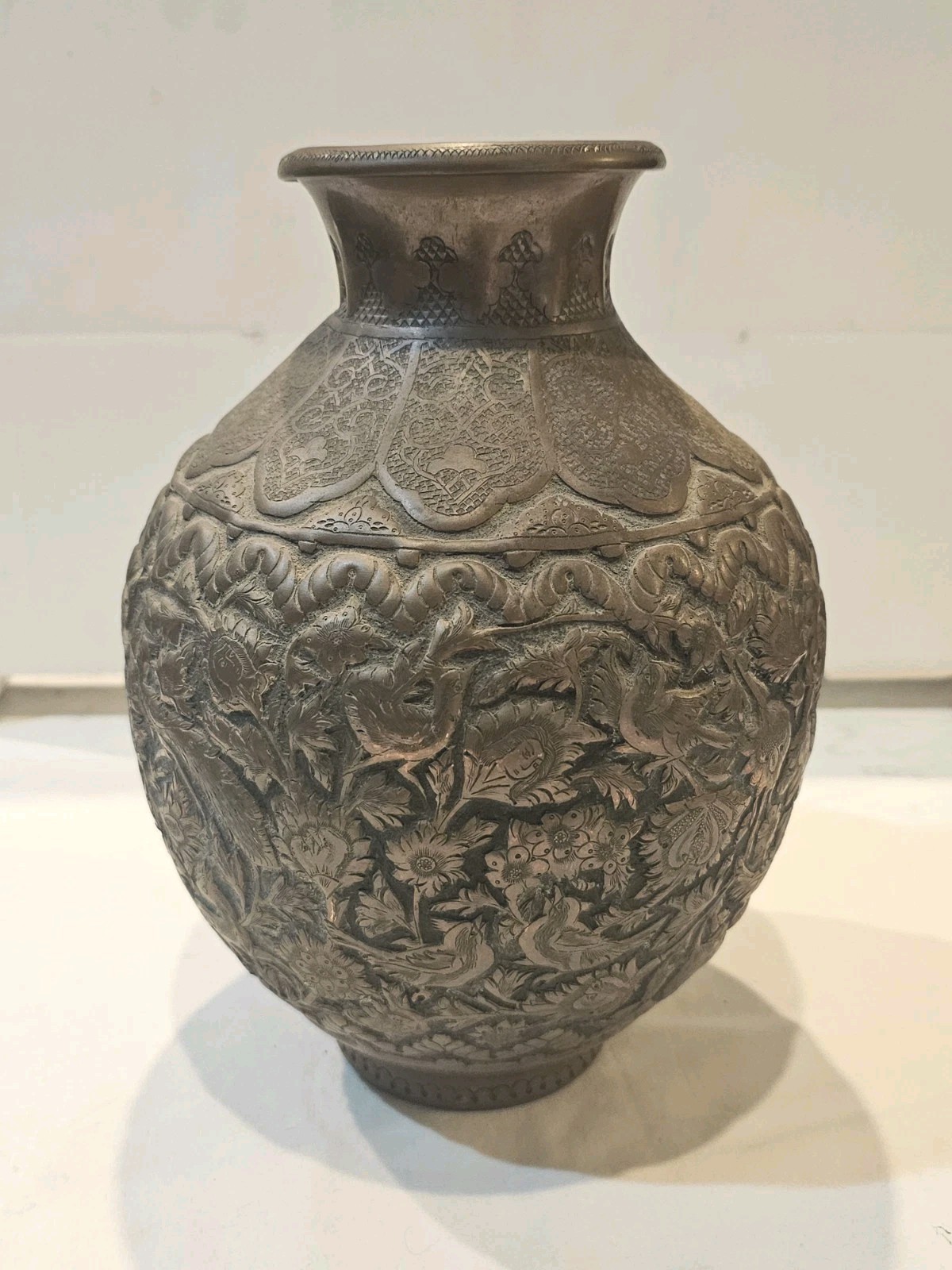 Antique Persian Etched  Copper Vase W/ Birds, Faces & Animals 19th Century