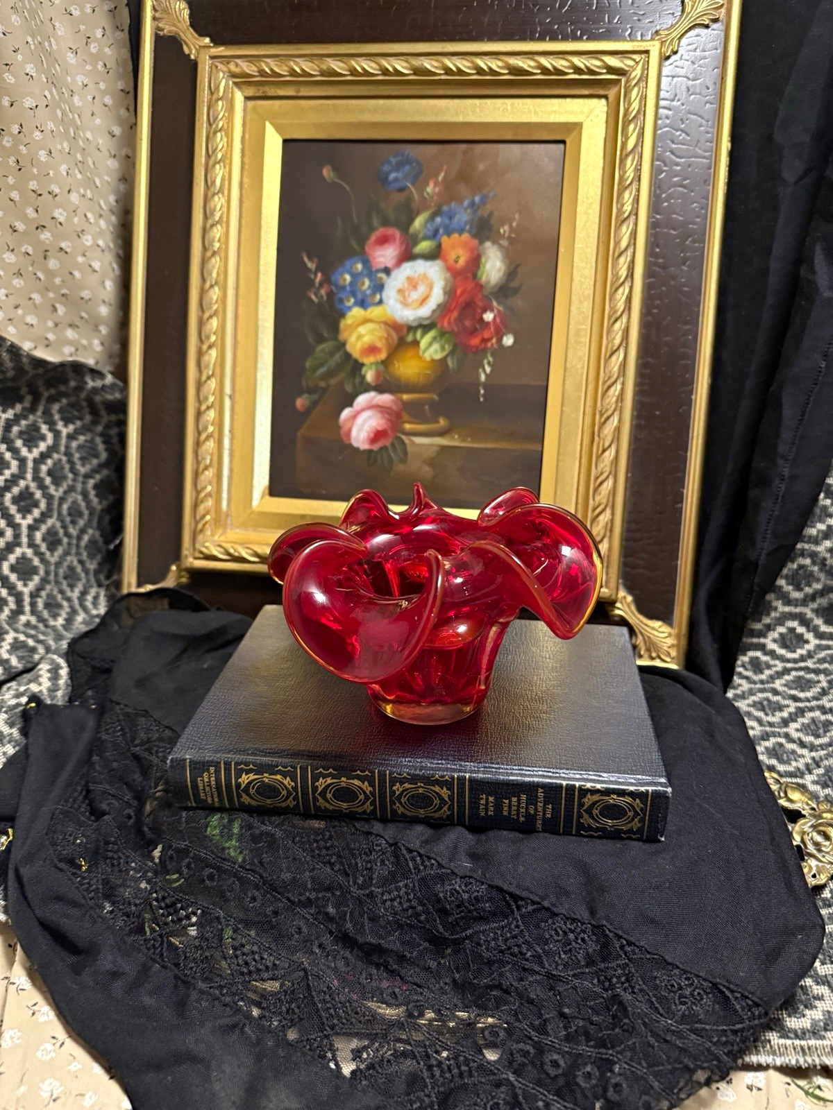 Vintage Murano Glass Votive Candle Holder Trinkets Red Ruffled Edge Decorative