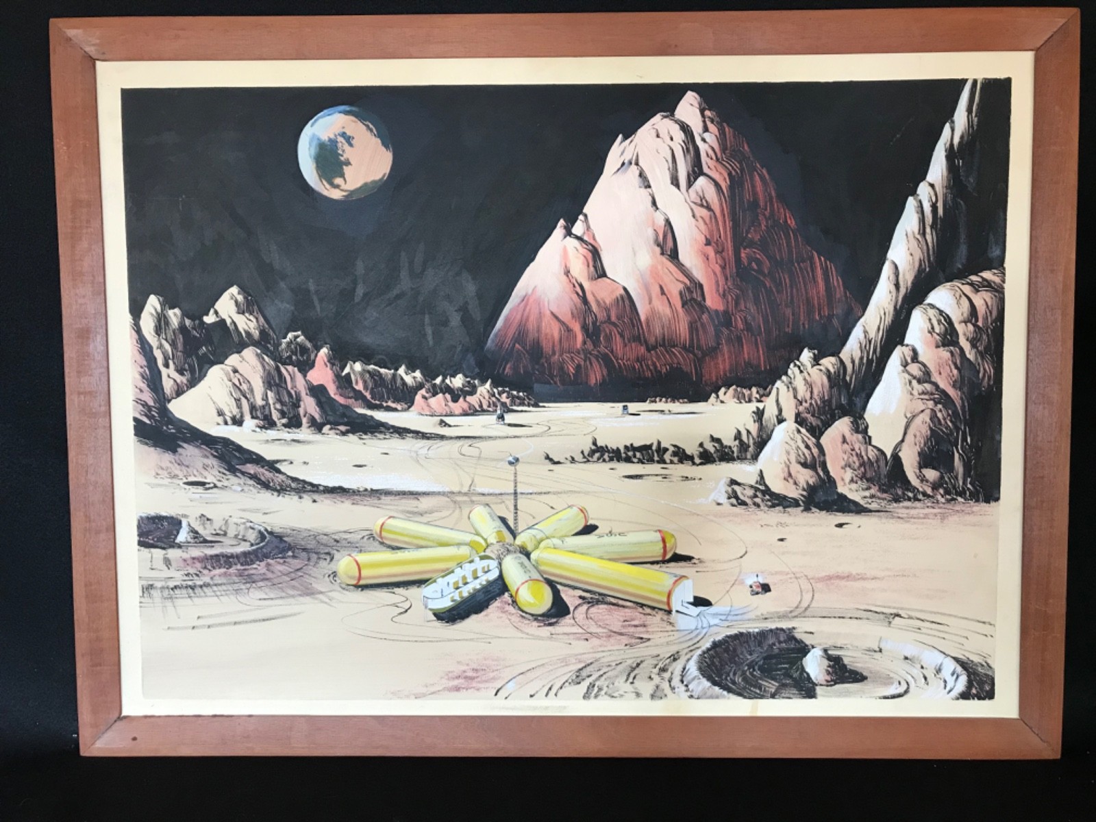 OOAK 1960s Artist Concept of Bono’s ROMBUS as a Lunar Space Station 24x32 Framed