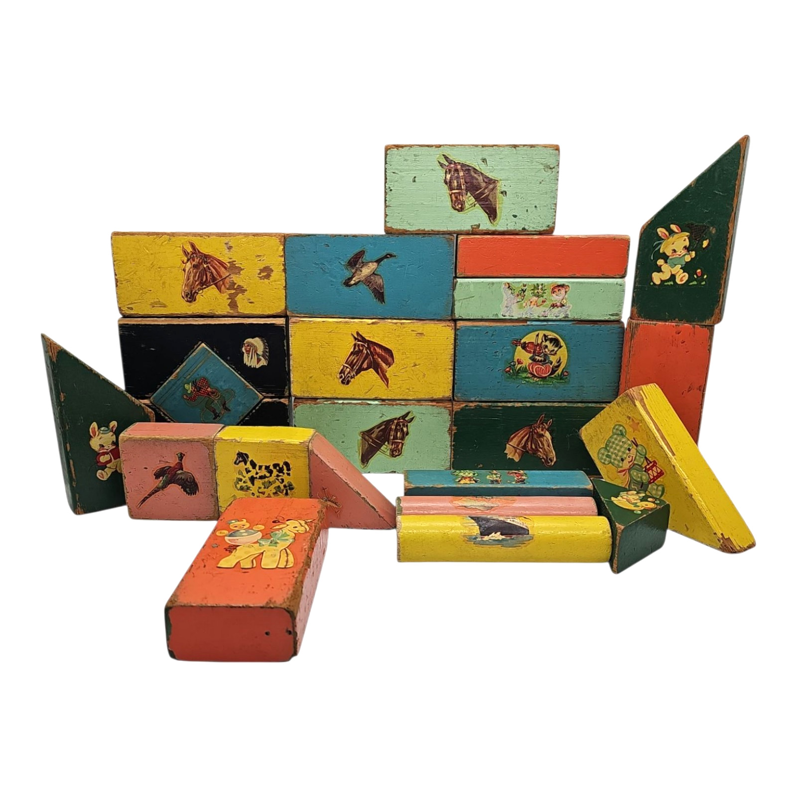 25 Wood Picture Blocks Building Toy Vintage Animal Cowboy 1940s Merriplay 25 Wood Picture Blocks Building Toy Vintage Animal Cowboy 1940s Merriplay