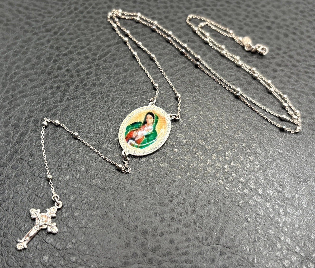 Vintage Dyadema Sterling Silver Rosary Enamel Mary Medal Necklace Pendant Cross