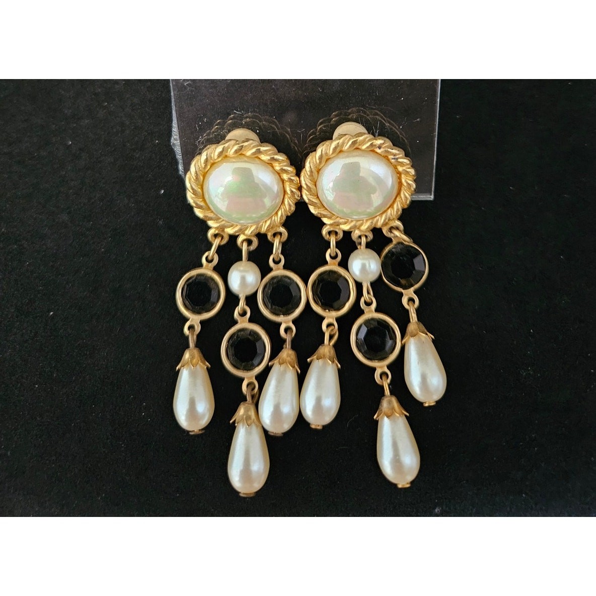 Vintage Signed Carolee 1990\'s Faux Pearl and Black Rhinestone Gold Tone Earrings Vintage Signed Carolee 1990\'s Faux Pearl and Black Rhinestone Gold Tone Earrings