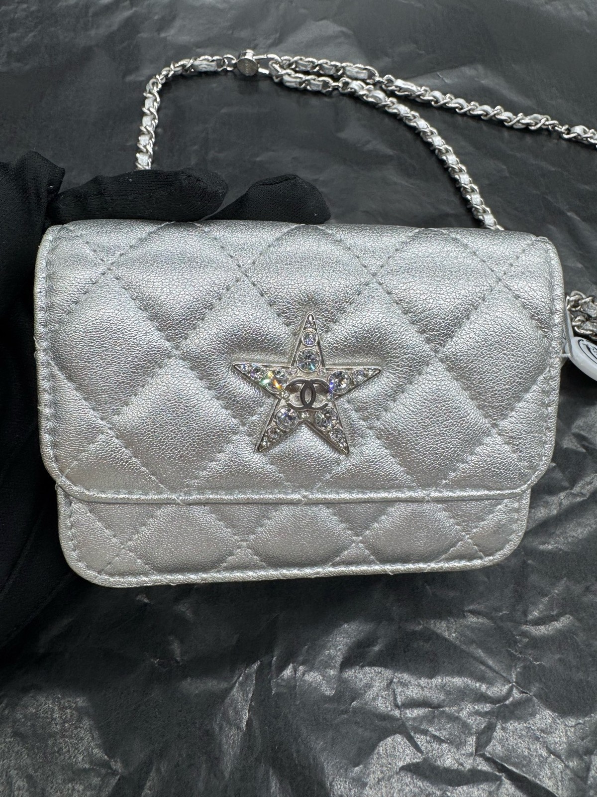 AUTH Chanel 24C Star Silver Lambskin Crystal Silver Hardware Chain Crossbody Bag