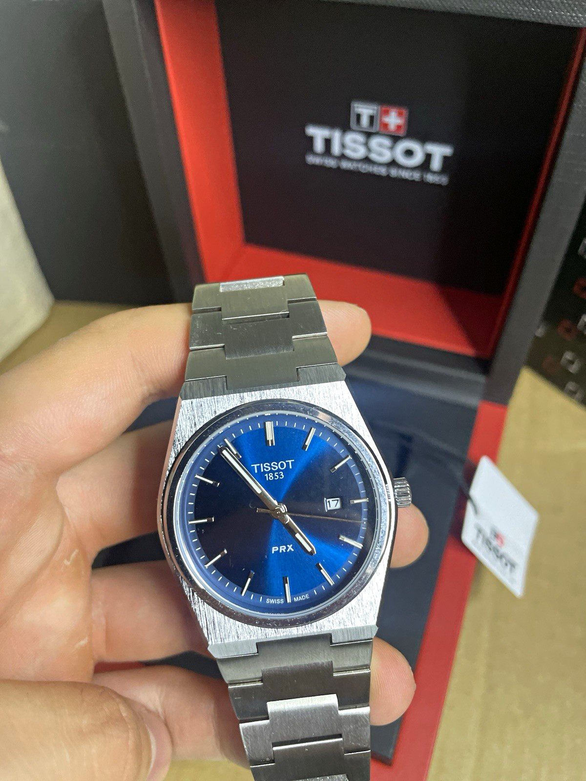 Tissot PRX 40mm Blue Sunburst Dial Quartz Swiss Made Date Steel Bracelet Box