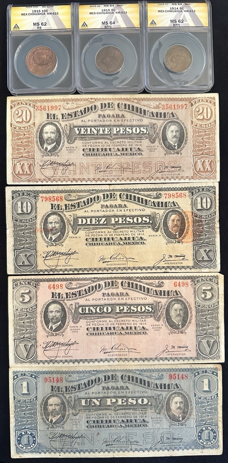 Mexico - Chihuahua - 1914 5 Centavos & 1915 10 Centavos & 5 Centavos with Pesos