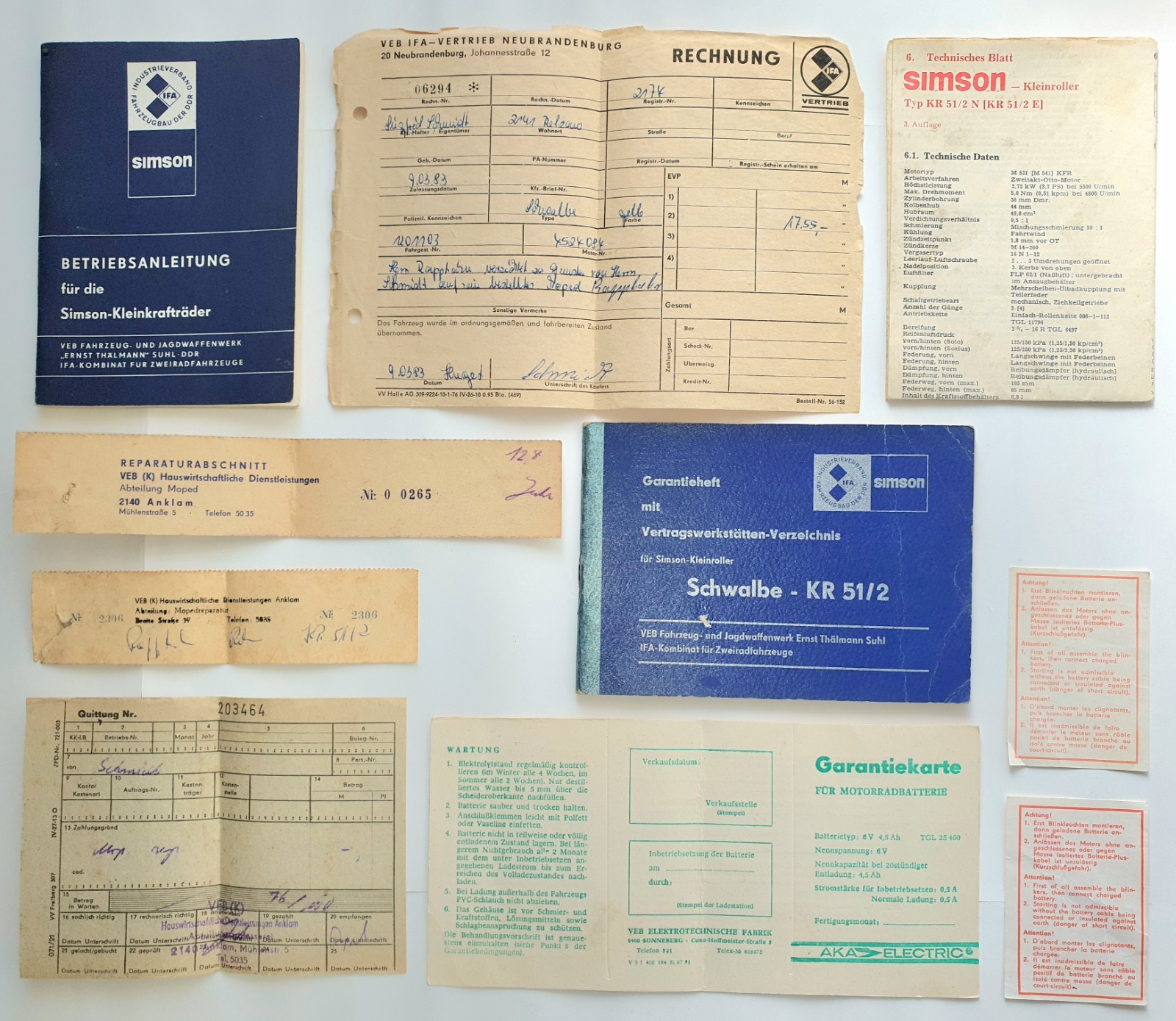 Simson Schwalbe Documents 1983: operating instructions, warranty booklet, technical Sheet