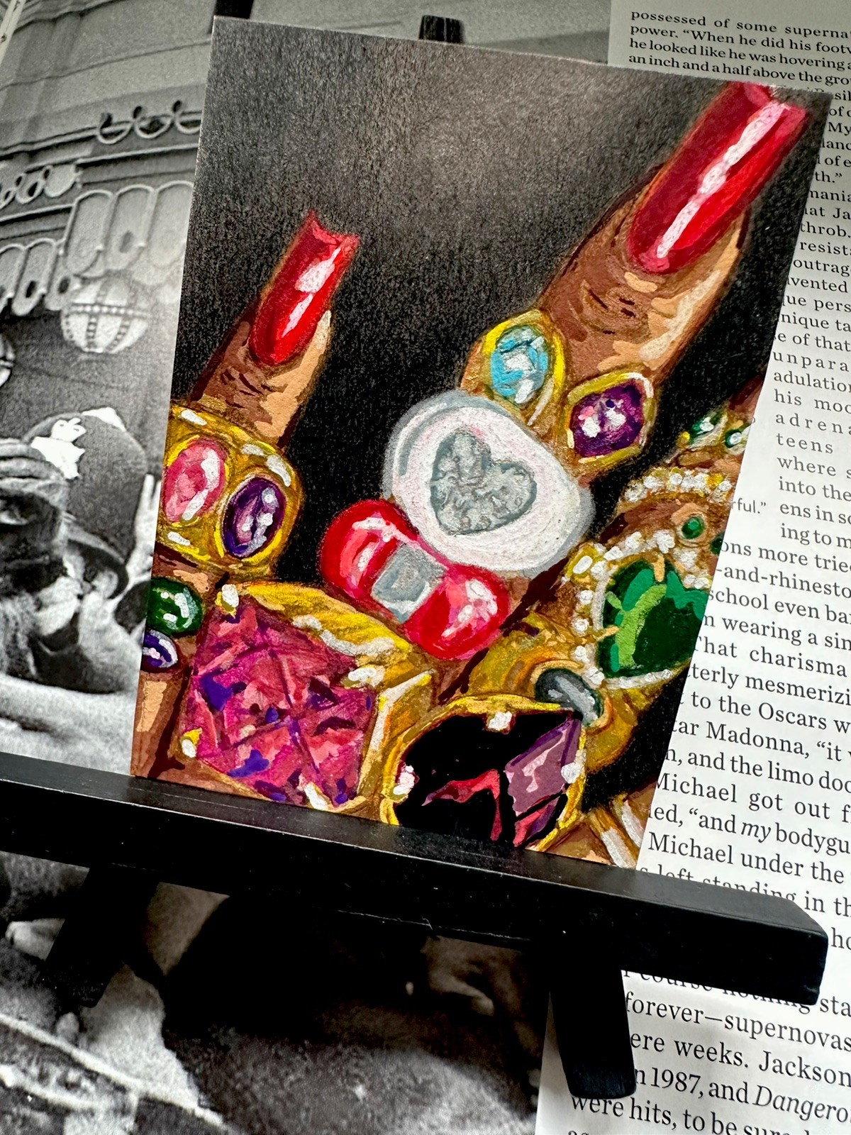 Original Art Edition Manicure Red Nails Jewelry Gold Ring Hand Painted ACEO OOAK