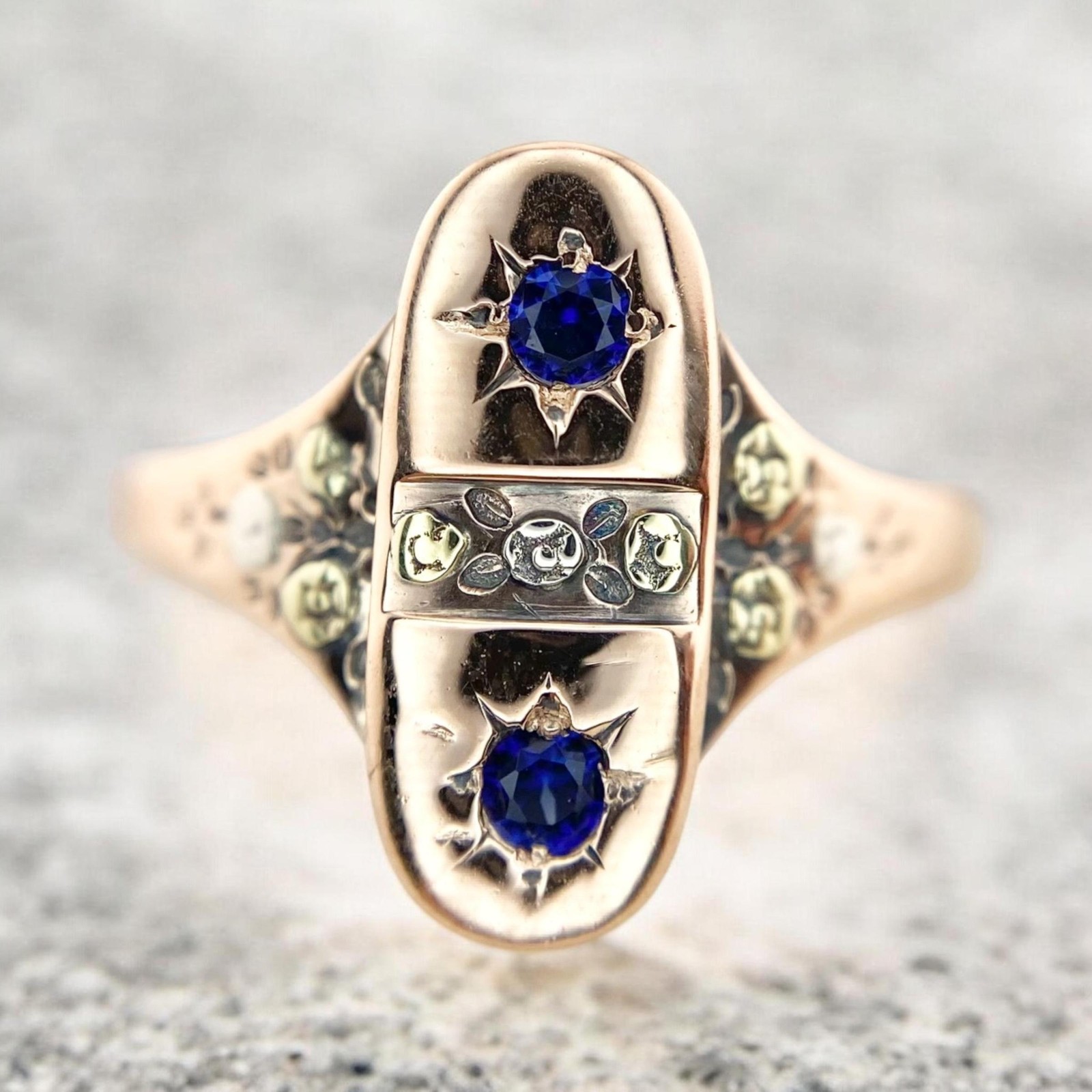 Antique Victorian 10K Rose Gold Blue Sapphire Hand Engraved Ring
