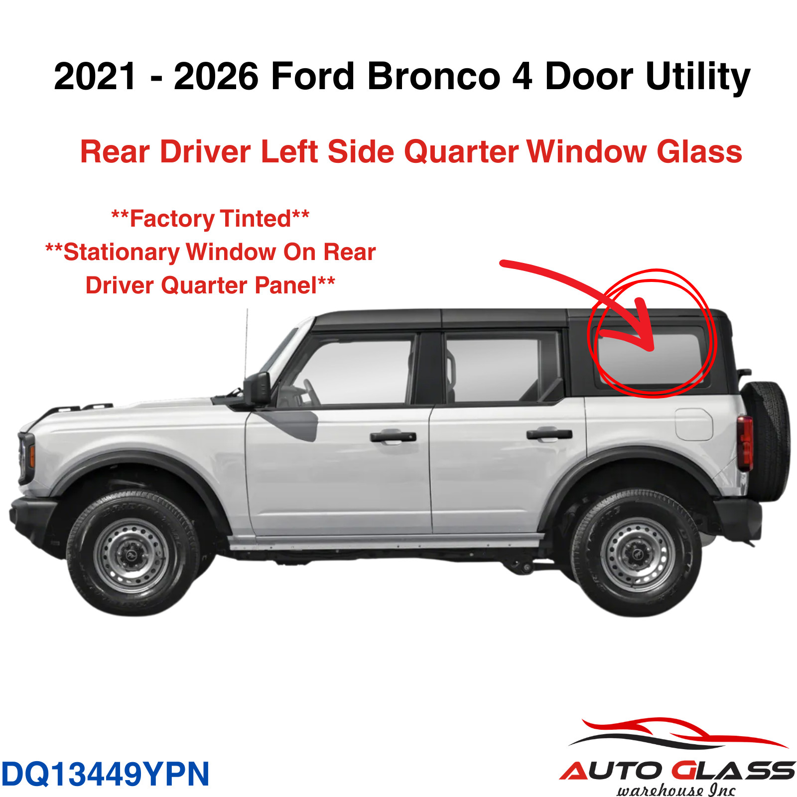 Fit 2021-2026 Ford Bronco 4 Door Driver Left Side Quarter Window Glass Tinted