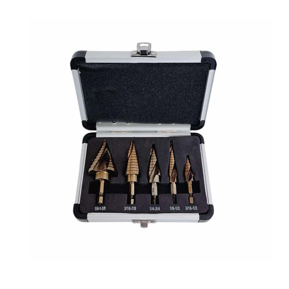 5 Pc Cobalt Spiral Flute Step Drill Bit Set Straight Shank HSS Titanium Coating 5 Pc Cobalt Spiral Flute Step Drill Bit Set Straight Shank HSS Titanium Coating