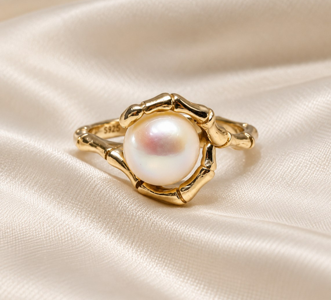 Vintage 14K Gold Bamboo Pearl Ring Grey Saltwater Solitaire Branch Size 6.5