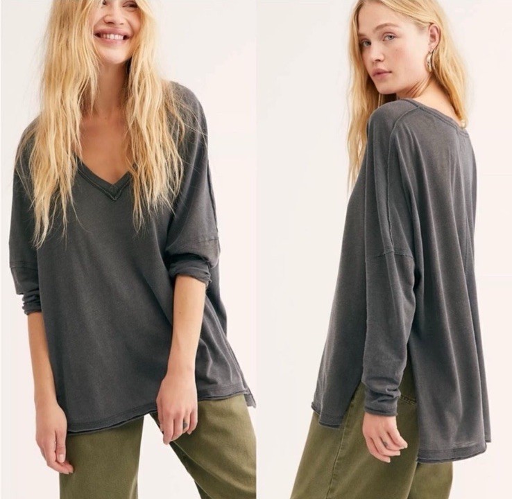 NEW Free People Women\'s On My Mind V-Neck Long Sleeve Shirt Dark Gray Size XS