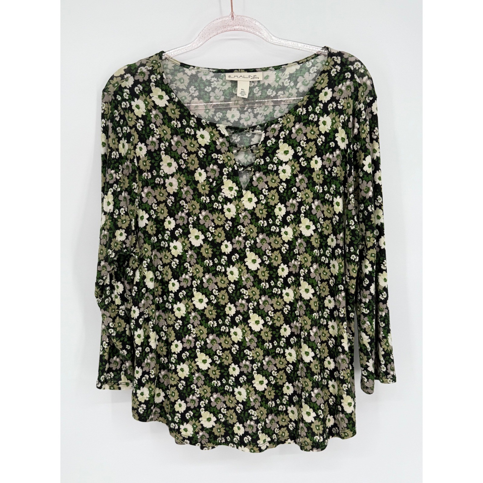 Emaline Green Petite Sz PXL Floral Lace Up Neck 3/4 Sleeve Rayon Top Womens