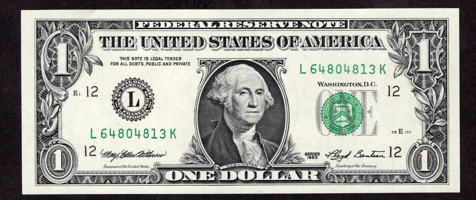 1993 $1 SAN FRANCISCO FRN. Crisp & Uncirculated Banknote. L/K Block. 1993 $1 SAN FRANCISCO FRN. Crisp & Uncirculated Banknote. L/K Block.