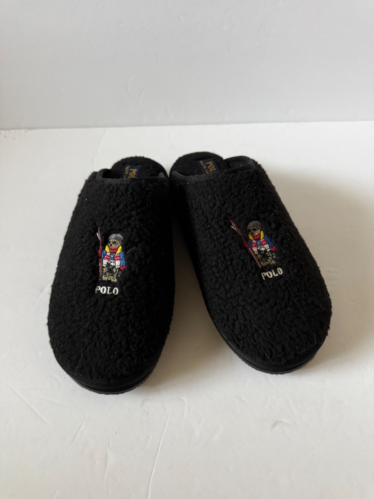 NWOB Polo Ralph Lauren Kayleigh Sherpa Ski Bear Mule Slippers Black Size 10