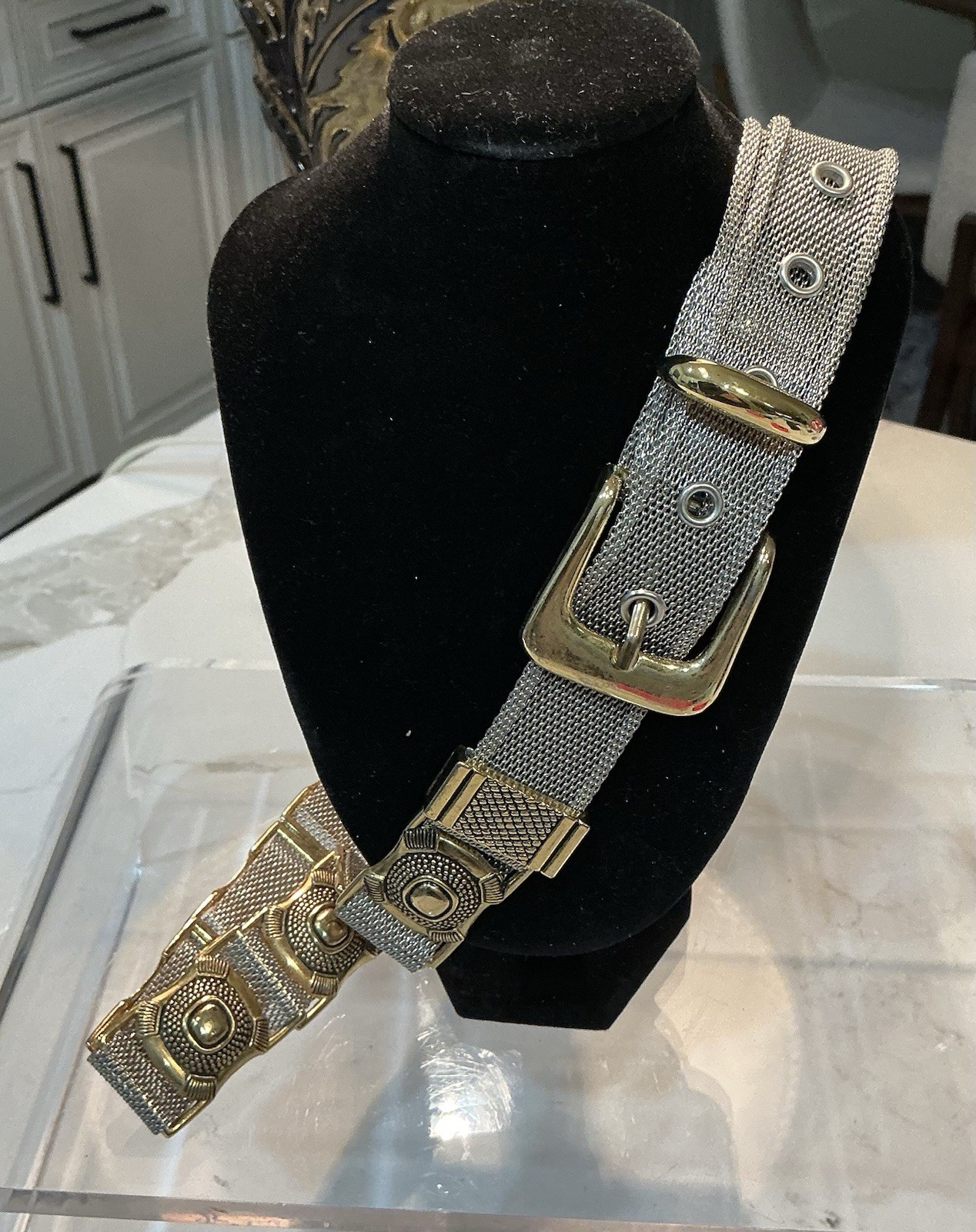 VINTAGE 1980’s Mesh Gold Silver Accent Heavy Metal Belt 34”-40” PRISTINE COND