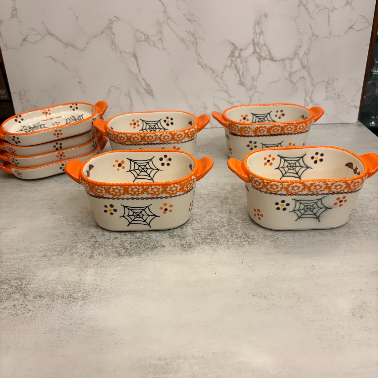 Temp-tations Old World Halloween 10oz Bakers Trays Lids Set of 4 Spiderweb Bats