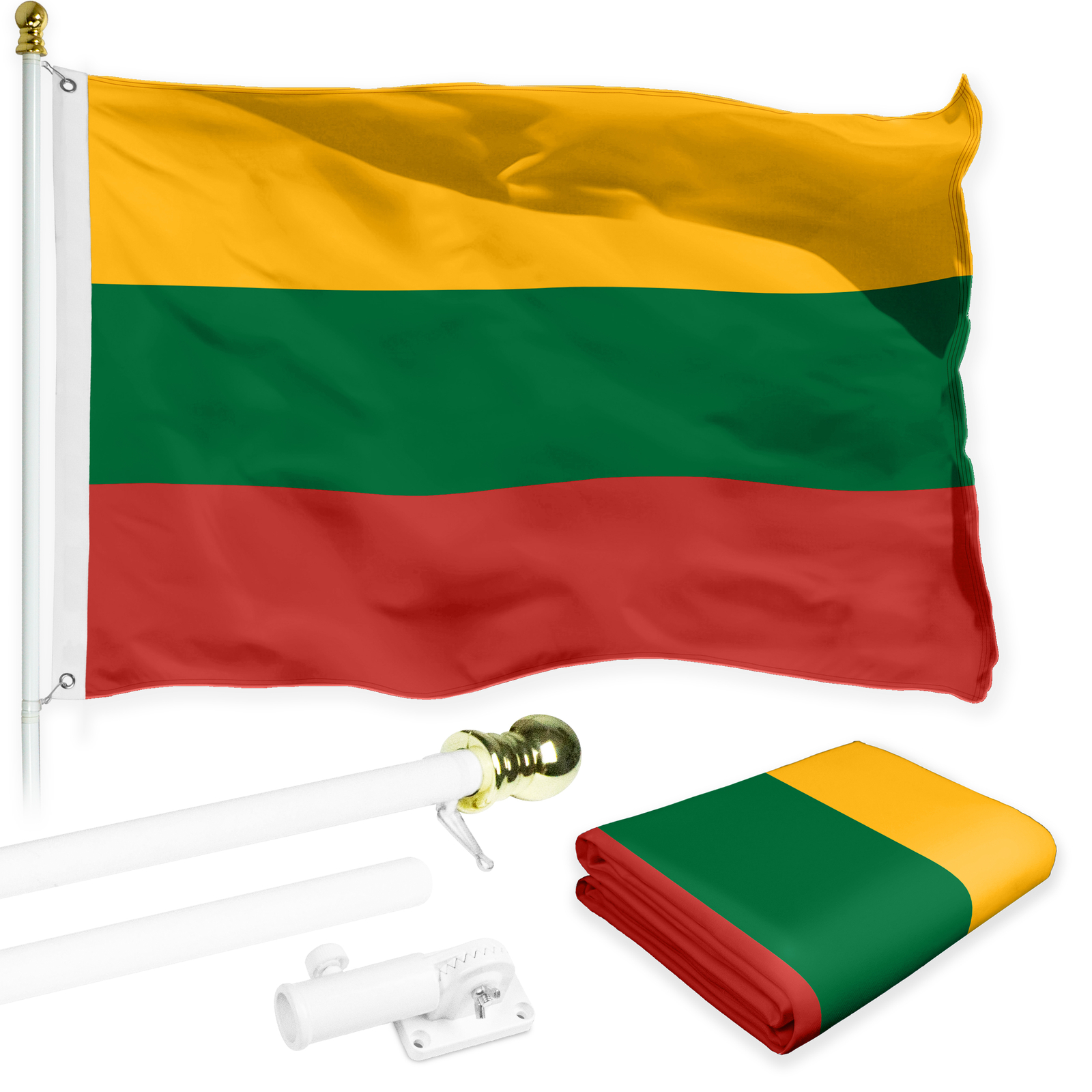 NEW G128 Lithuania Flag & Flagpole Set, 6FT White Pole and 3x5FT 150D Flag