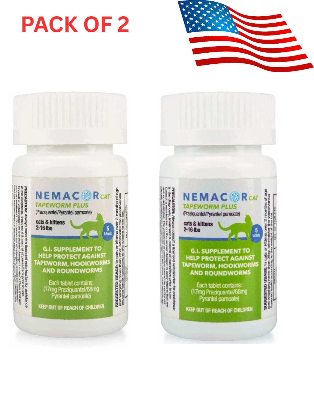 LOT OF 2 Nemacor Cat Tapeworm Plus Vanilla/Yeast Size:5 Count Exp 09/30/26