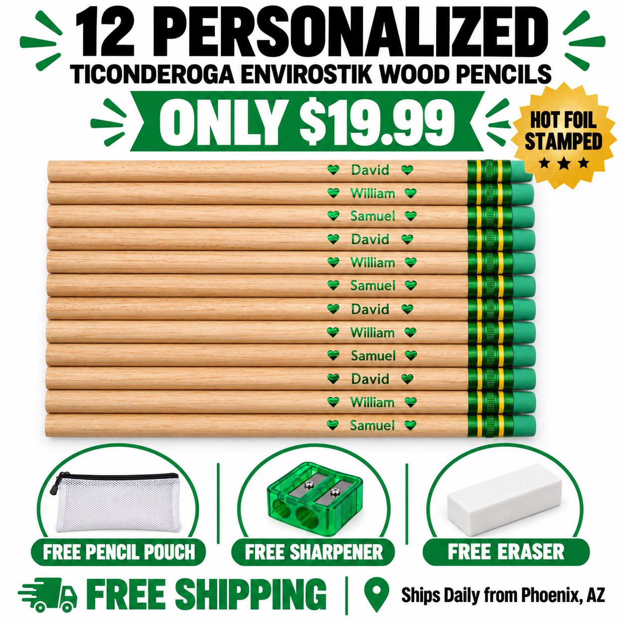 12 Personalized Ticonderoga EnviroStik #2 Wood Pencils Custom Name Gift