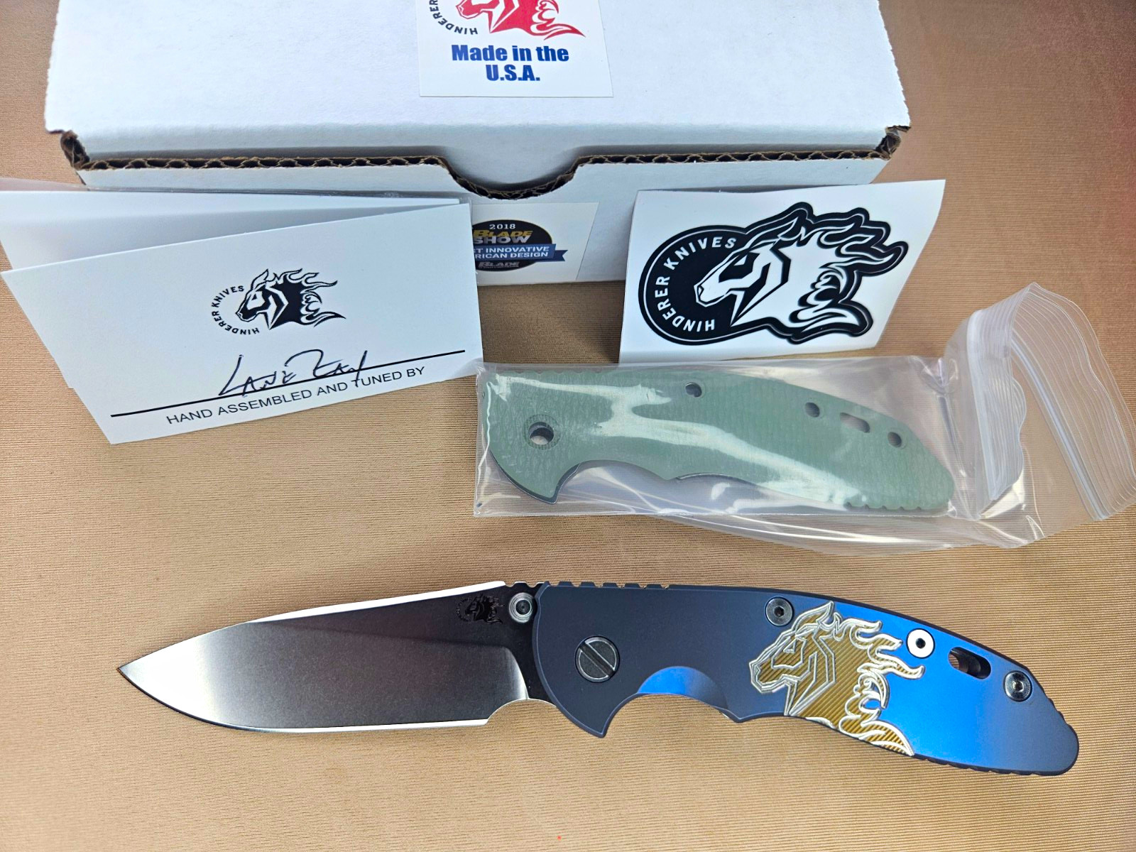Hinderer Knives XM-18 3.5 Blue Titanium Frame Lock Drop Point Plain Edge