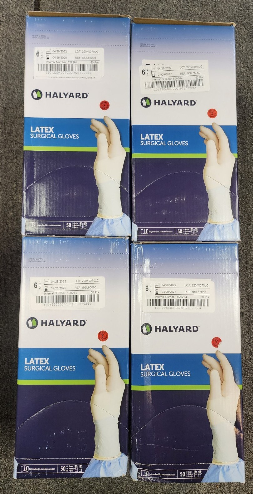 4 CASES Halyard Latex Surgical Gloves - Size 6.5 (200 prs) EXP 2025/04/28