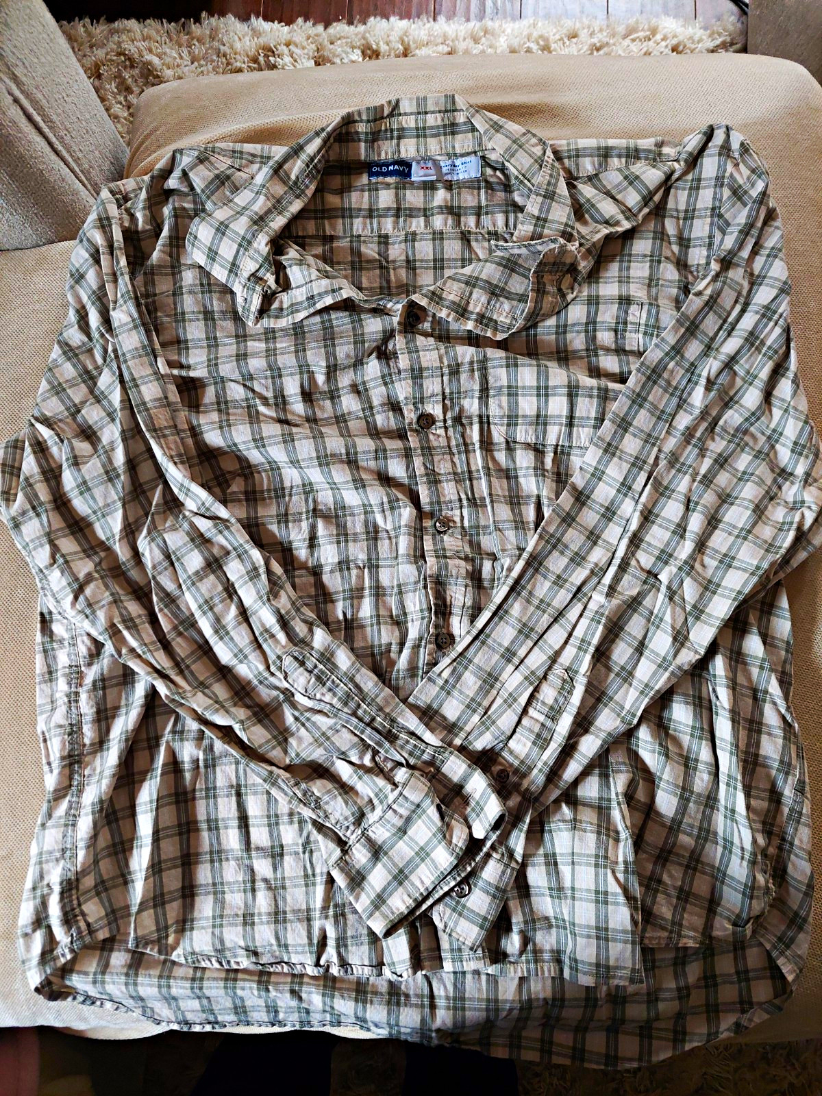 Old Navy Everyday Shirt Men\'s 2XL Regular Fit Beige Green Plaid Cotton Button-Up Old Navy Everyday Shirt Men\'s 2XL Regular Fit Beige Green Plaid Cotton Button-Up