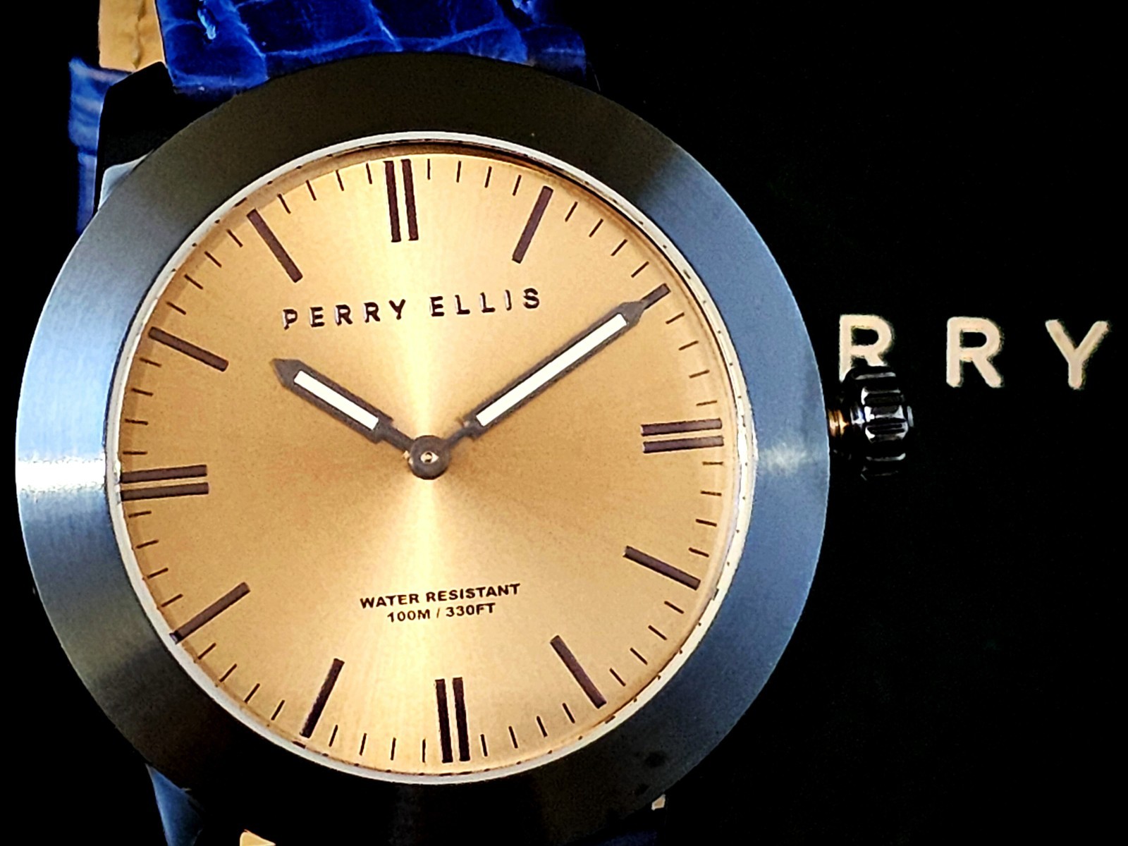 NEW Perry Ellis Slim Line 42mm Blue Leather Strap Quartz Movement w/ Box and Tag