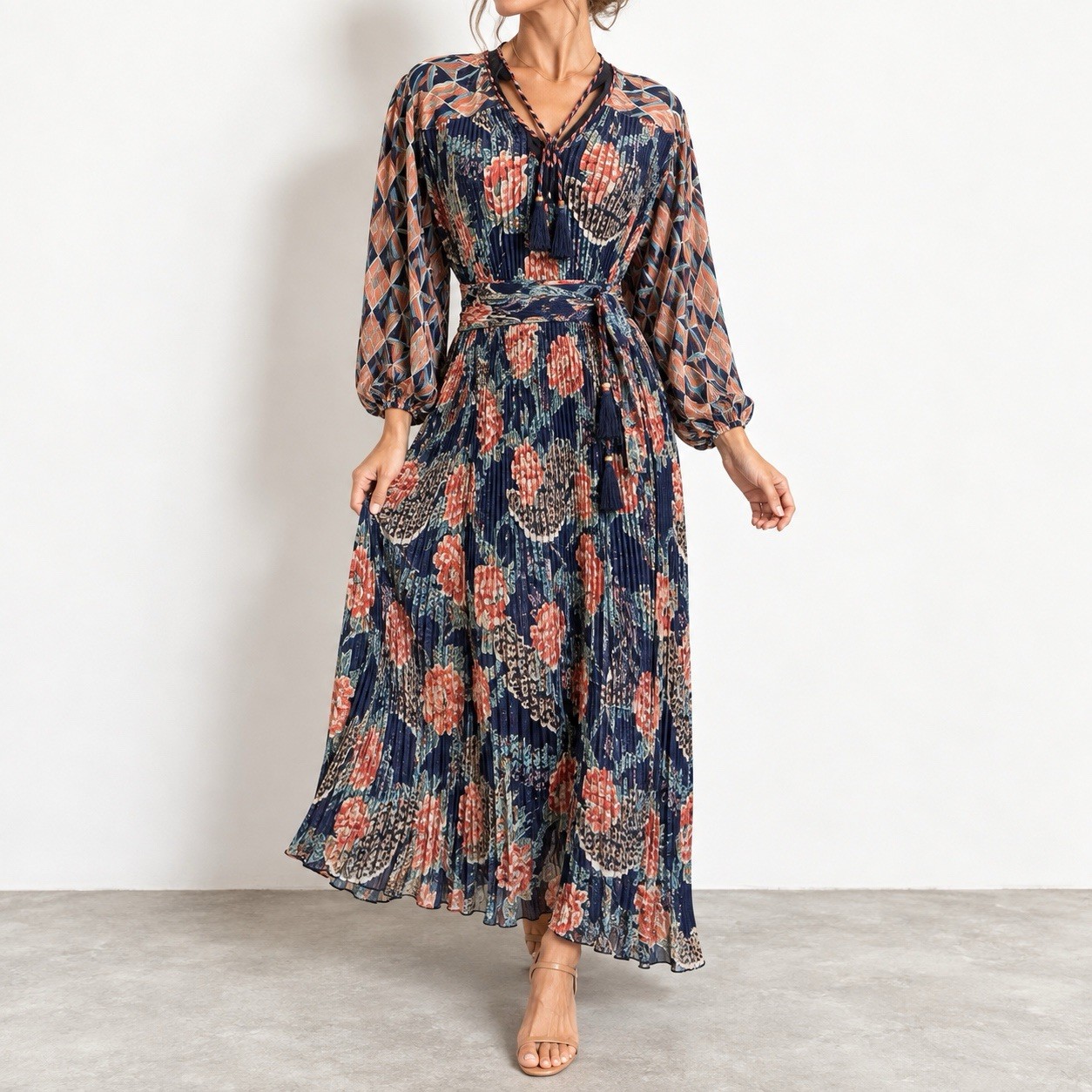 Vtg 80s Diane Freis Floral Georgette Midi Dress Smocked Waist Ruffle Tassel OSFM