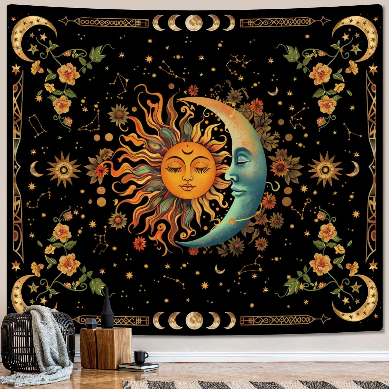 ARTCREATOR Sun and Moon Tapestry Astrology Space Wall Hanging Boho Hippie Floral