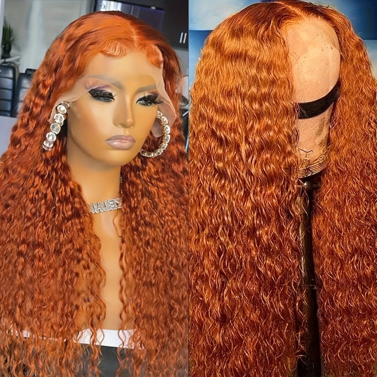 Glueless Long Loose Curly Ginger Orange Lace Front Wigs Women Party Pre Plucked