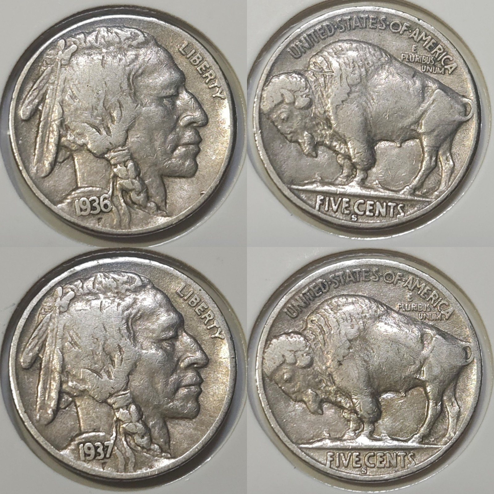Lot of (2) Buffalo Nickels: 1936-S & 1937-S - XF & VF+ **Low Mintage**