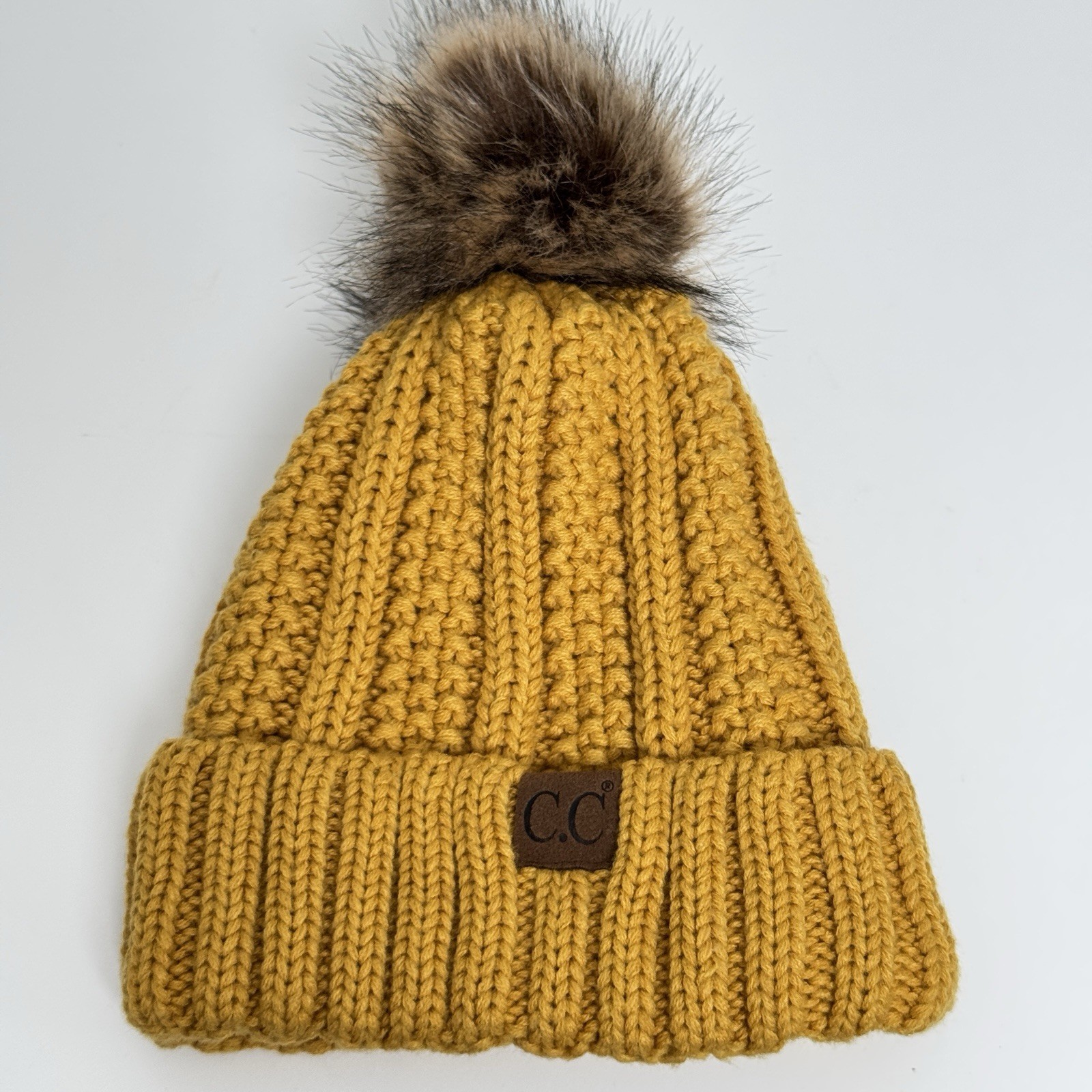 C.C. Exclusives Mustard Yellow Knit Beanie Faux Fur Pom