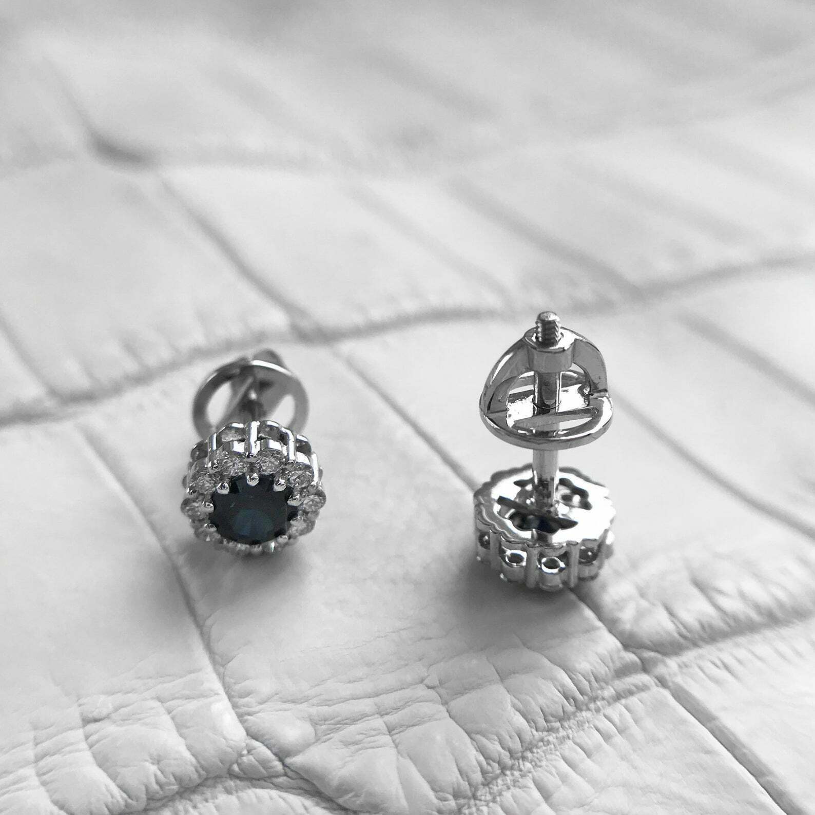 1.7ct Natural Blue Sapphire & Diamond Halo Stud Earrings 14k Solid White Gold