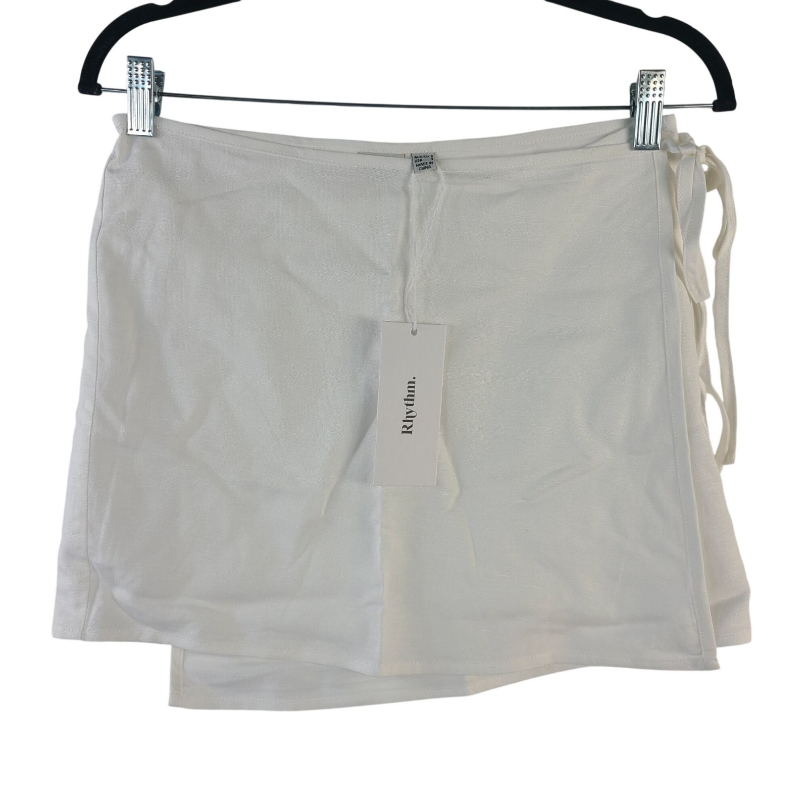 NEW Rhythm Louise Wrap Mini Skirt White Rayon Linen Blend Tie Waist Size S