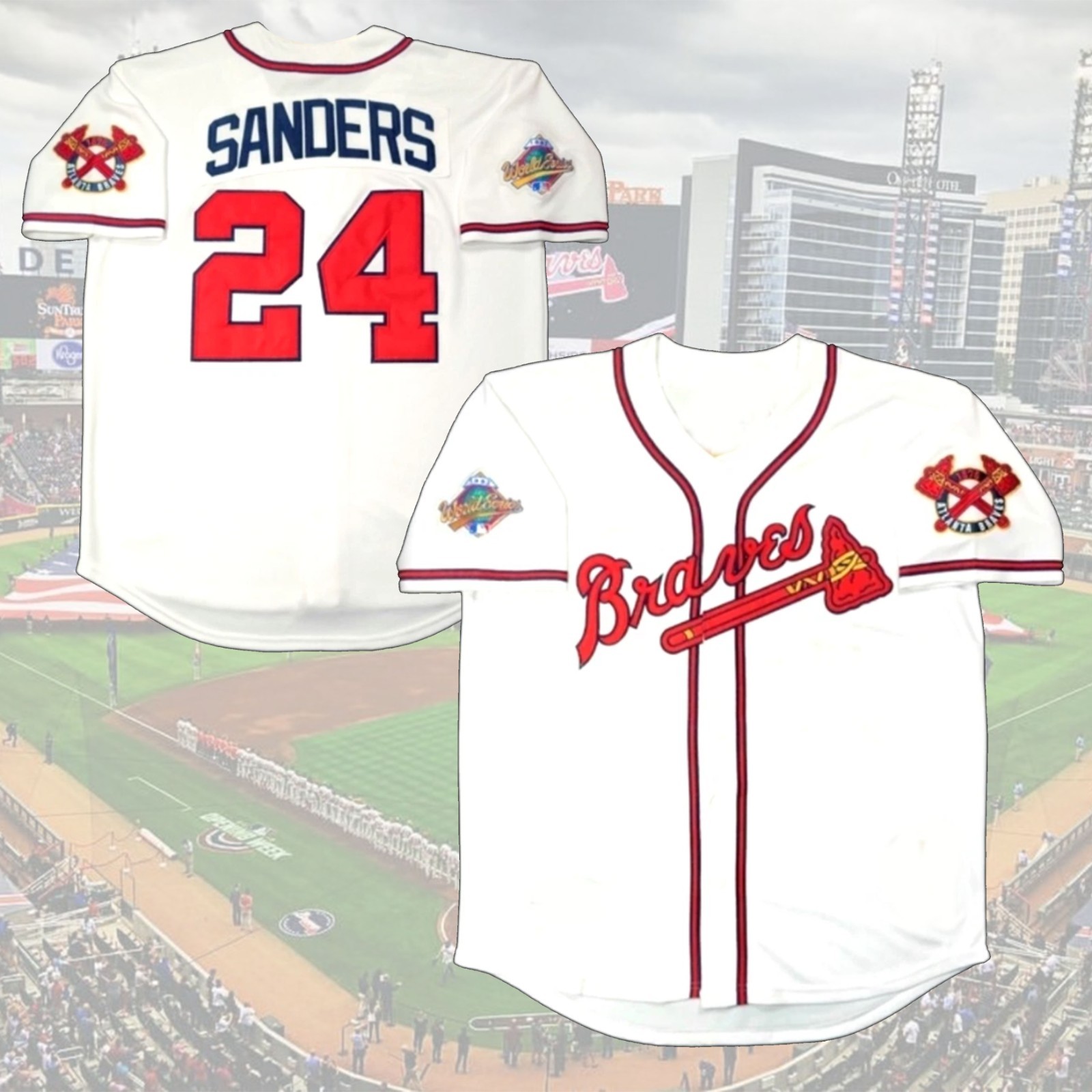 Deion Sanders Atlanta Braves 1992 Home White WS Baseball Jersey Print Kid Adult