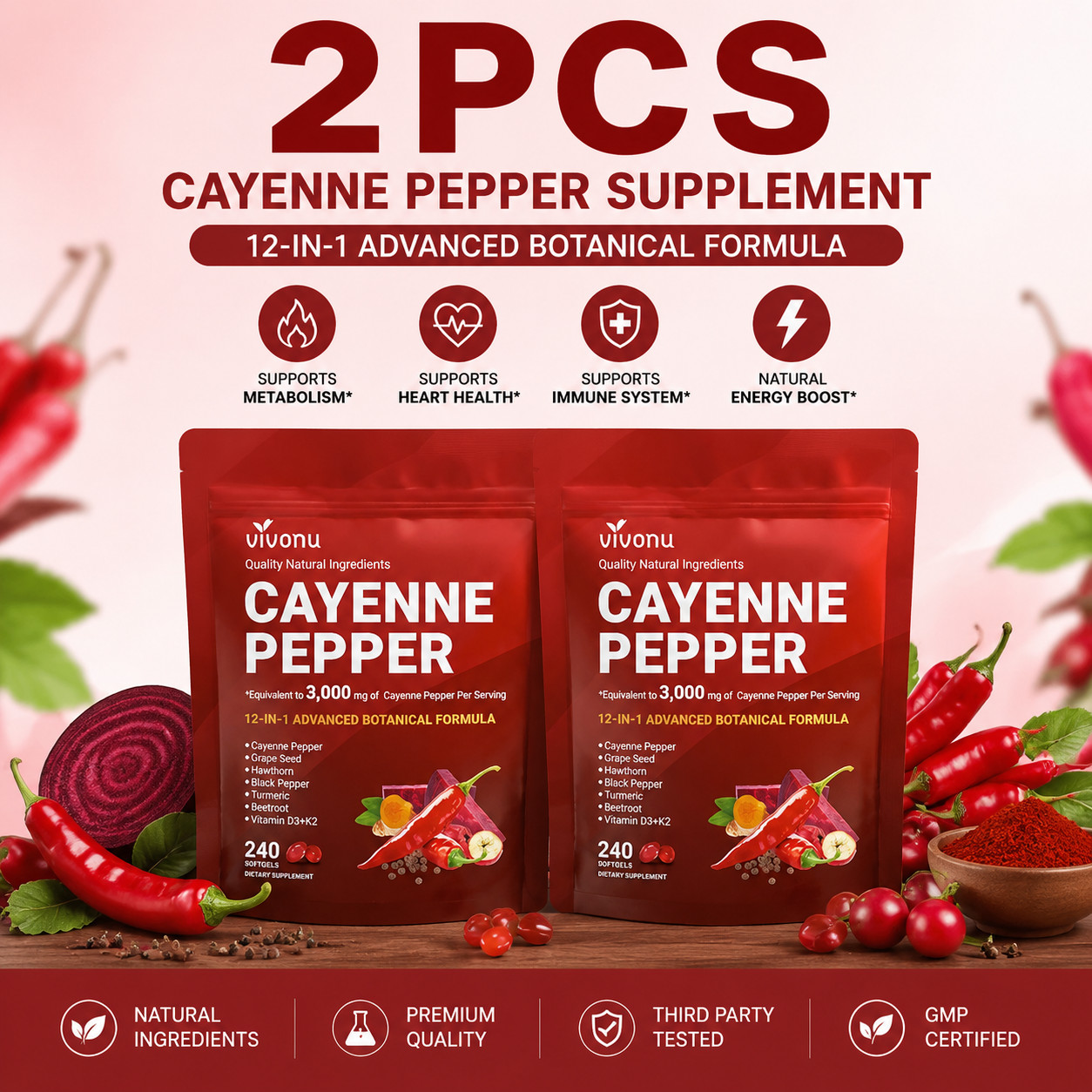 2PCS VivoNu Cayenne Pepper 240 Softgels Dietary Supplement Health Support