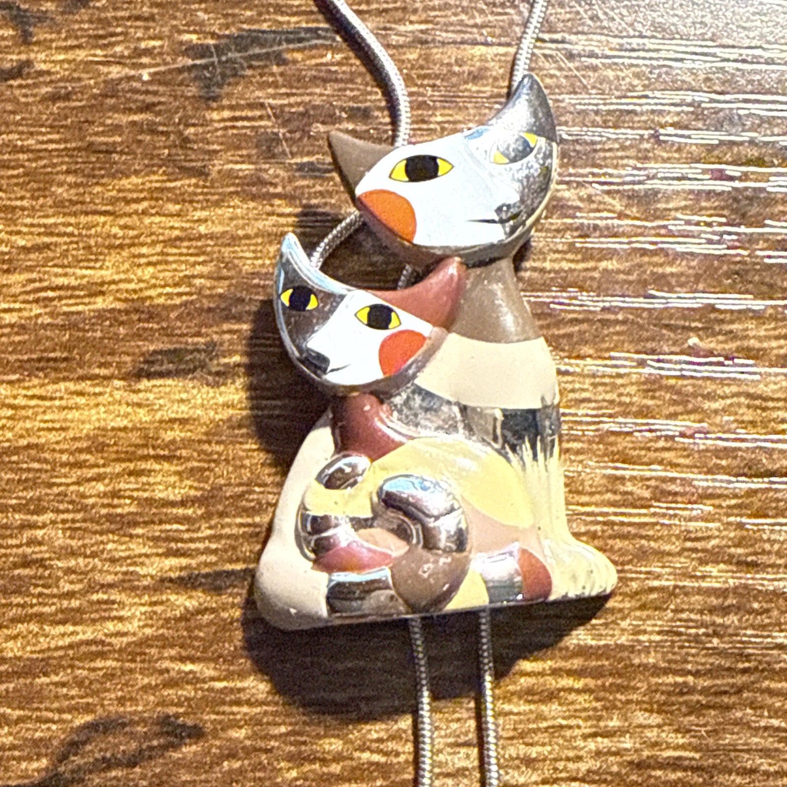 Vintage Rosina Wachtmeister Enamel Cat Pendant Necklace Silver Tone Lasso Chain
