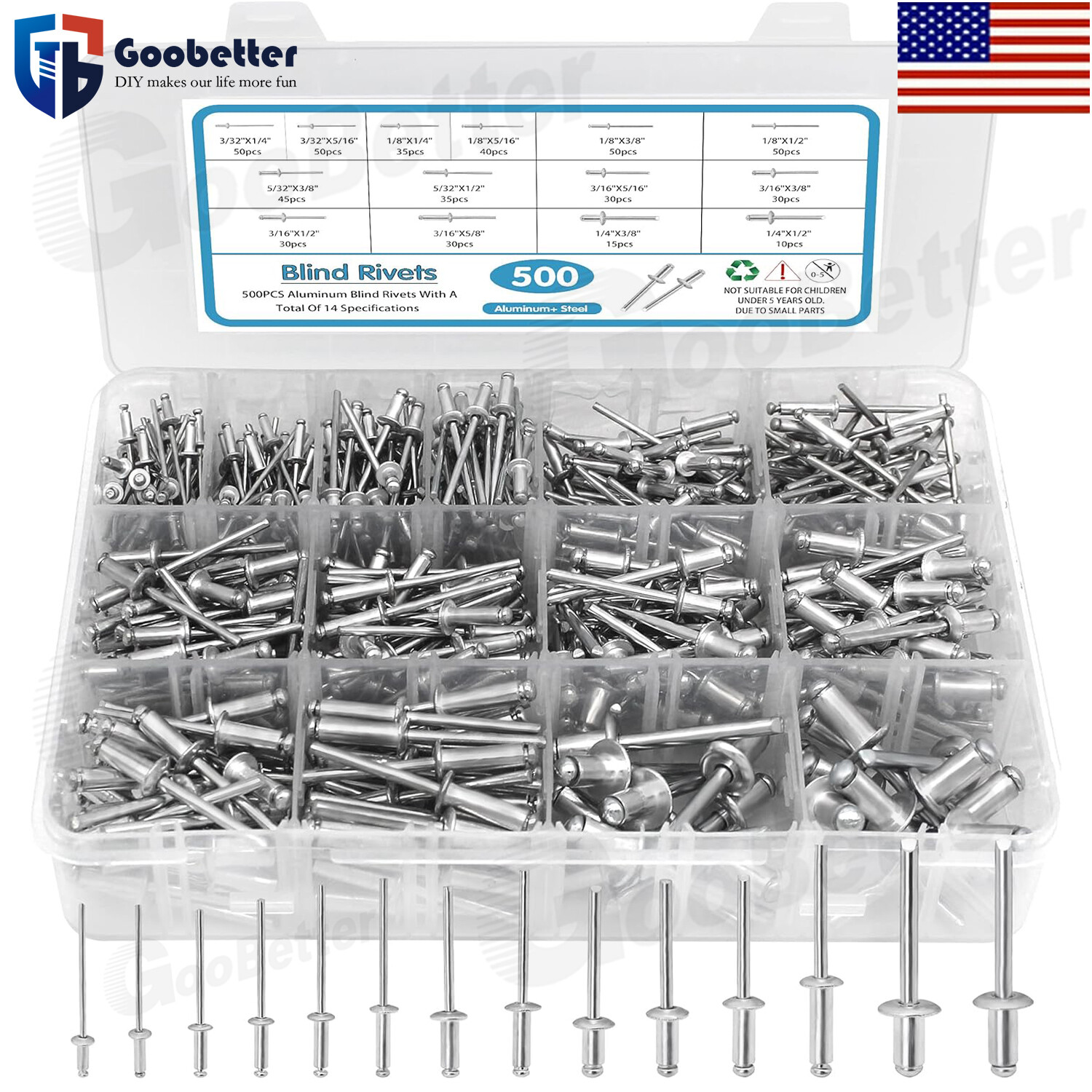 500pcs Pop Rivets Assortment Kit Aluminum Blind Rivets 14 Sizes Blind Rivet Set