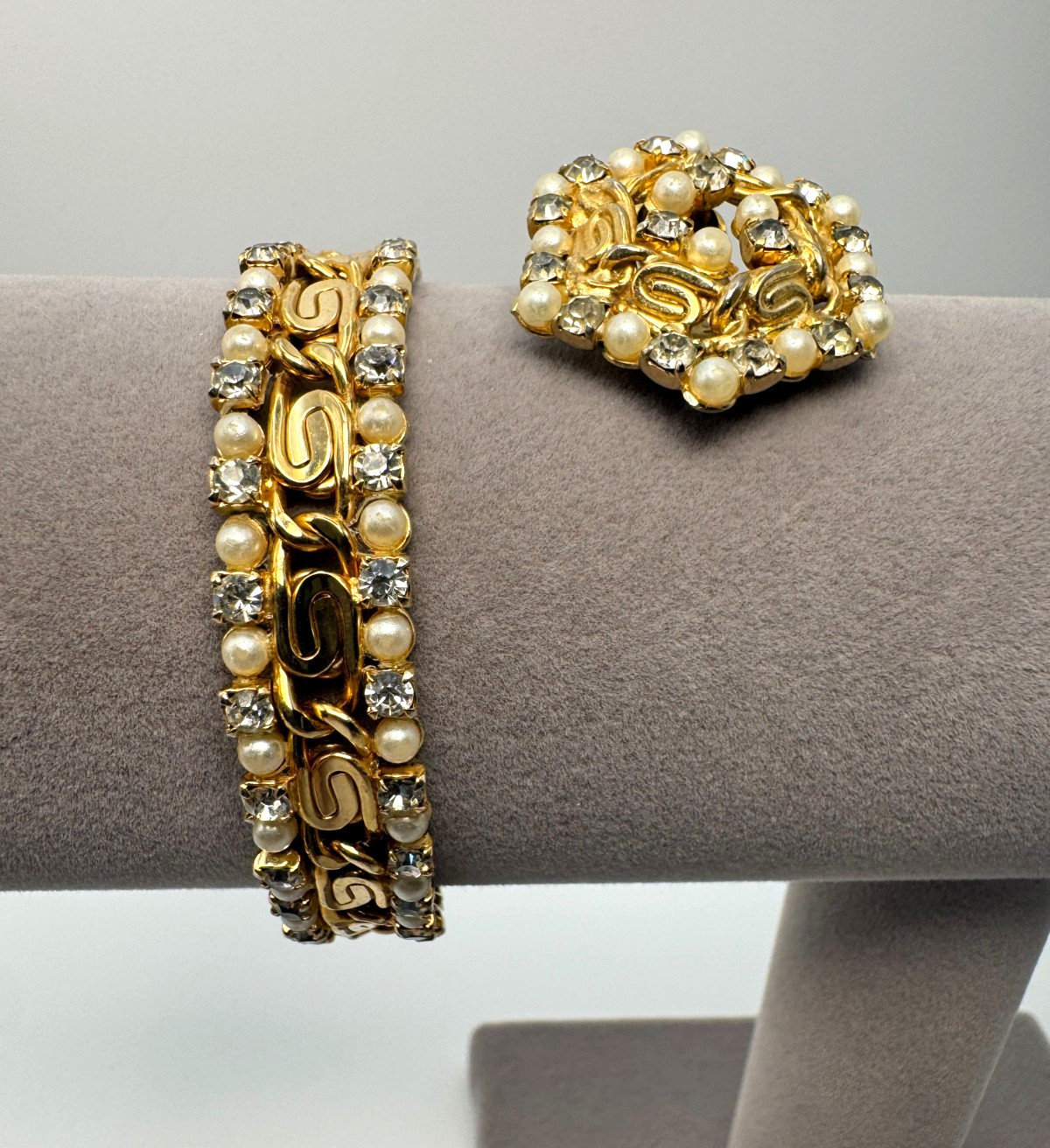 Vintage Kramer of New York Bracelet Rhinestone Faux Pearl Gold Tone + Earring