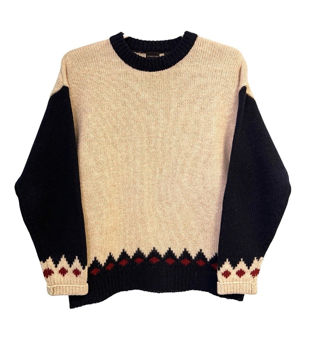 Vintage 90s Structure Shetland Wool Sweater XL Cream Navy Fair Isle Knit